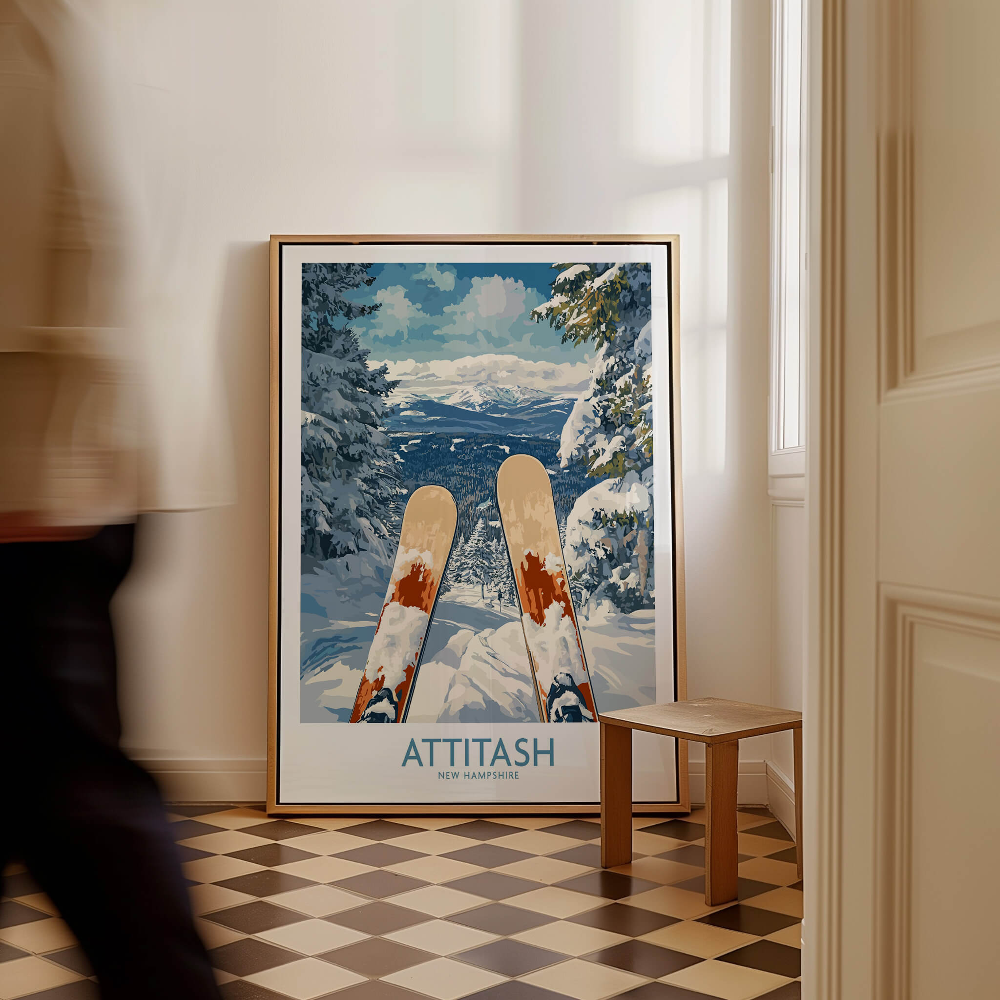 Ski Poster Attitash New Hampshire showcasing snowy mountains and skis in a cozy interior.