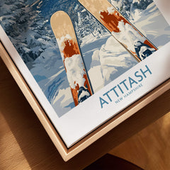 Ski Poster Attitash New Hampshire featuring skis and a snowy mountain landscape.