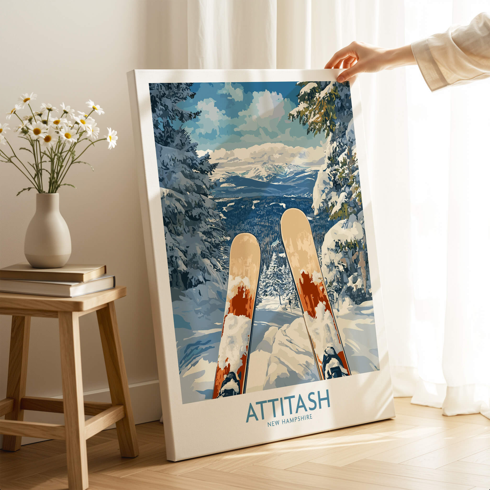 Ski Poster Attitash New Hampshire featuring scenic mountain views and snow-covered slopes.