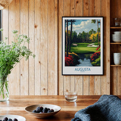 Augusta Georgia Masters Golf Poster - Championship Fairway Wall Art framed on wooden wall, enhancing the decor with golf elegance.