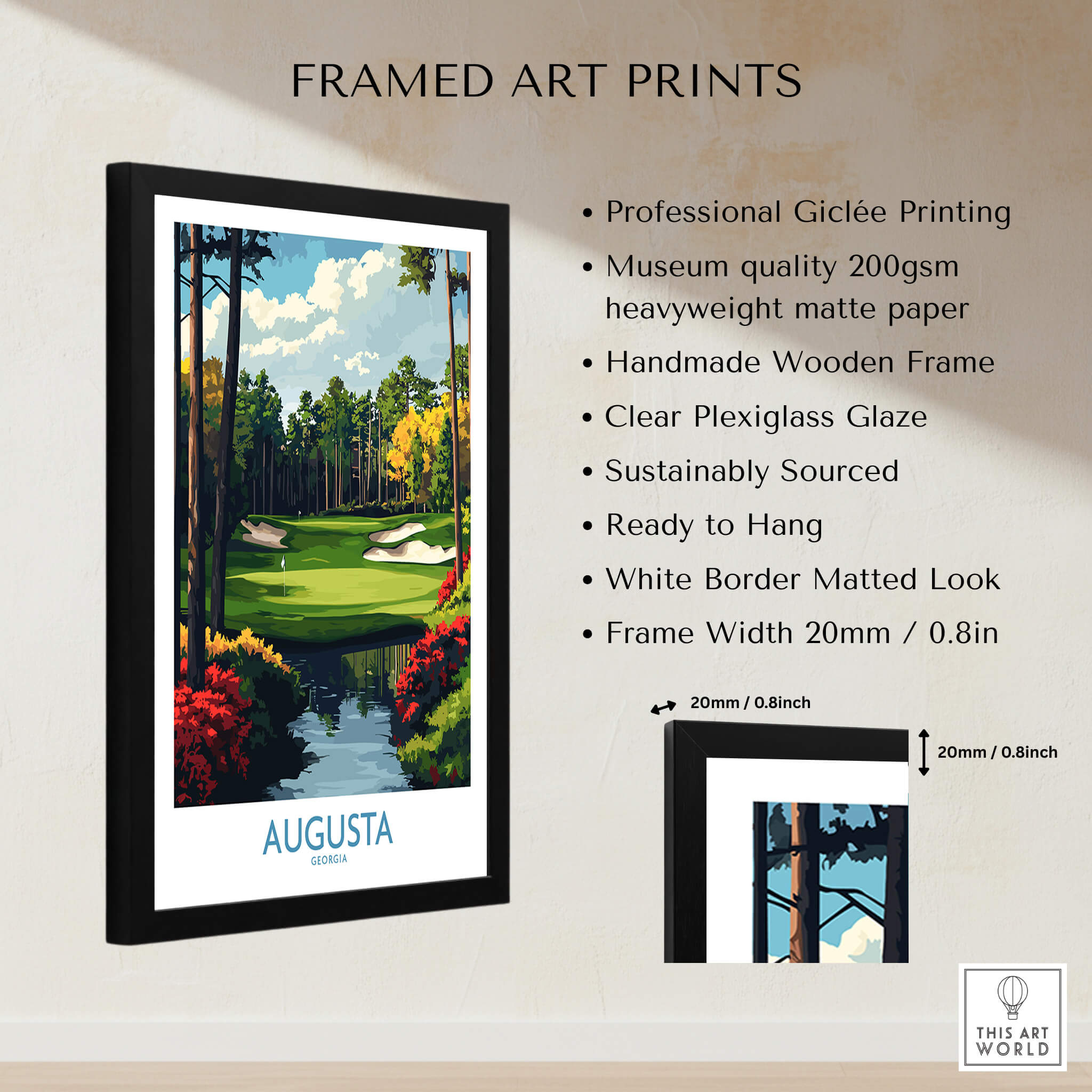 Augusta Georgia Masters Golf Poster - Championship Fairway Wall Art featuring framed print details and design.