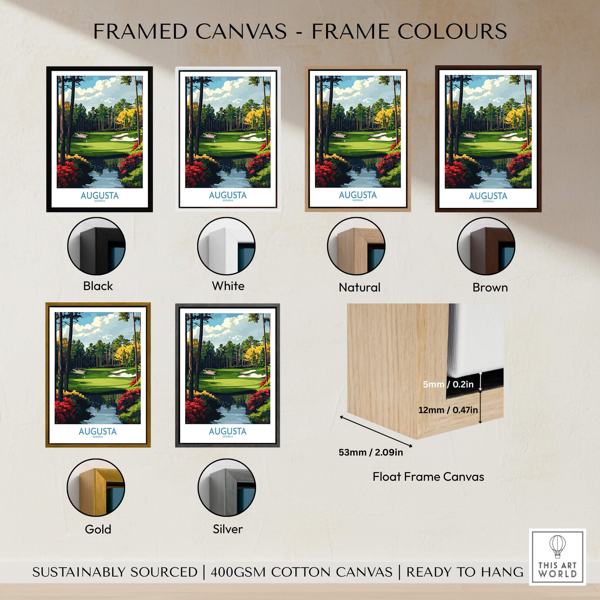 Augusta Georgia Masters Golf Poster - Championship Fairway Wall Art in various frame colors and styles.