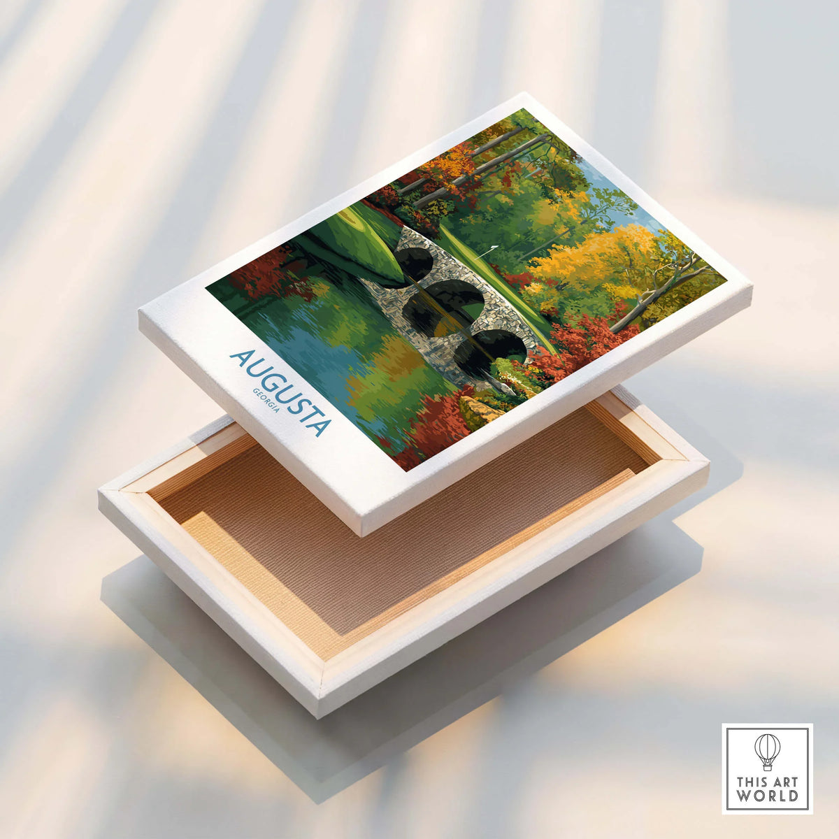 Augusta Georgia Stone Bridge Golf Print - Famous 12th Hole Golf Course Rae's Creek Bridge displayed on a decorative box.