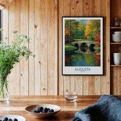 Augusta Georgia Stone Bridge Golf Print - Famous 12th Hole Golf Course Rae's Creek Bridge framed artwork on wooden wall.
