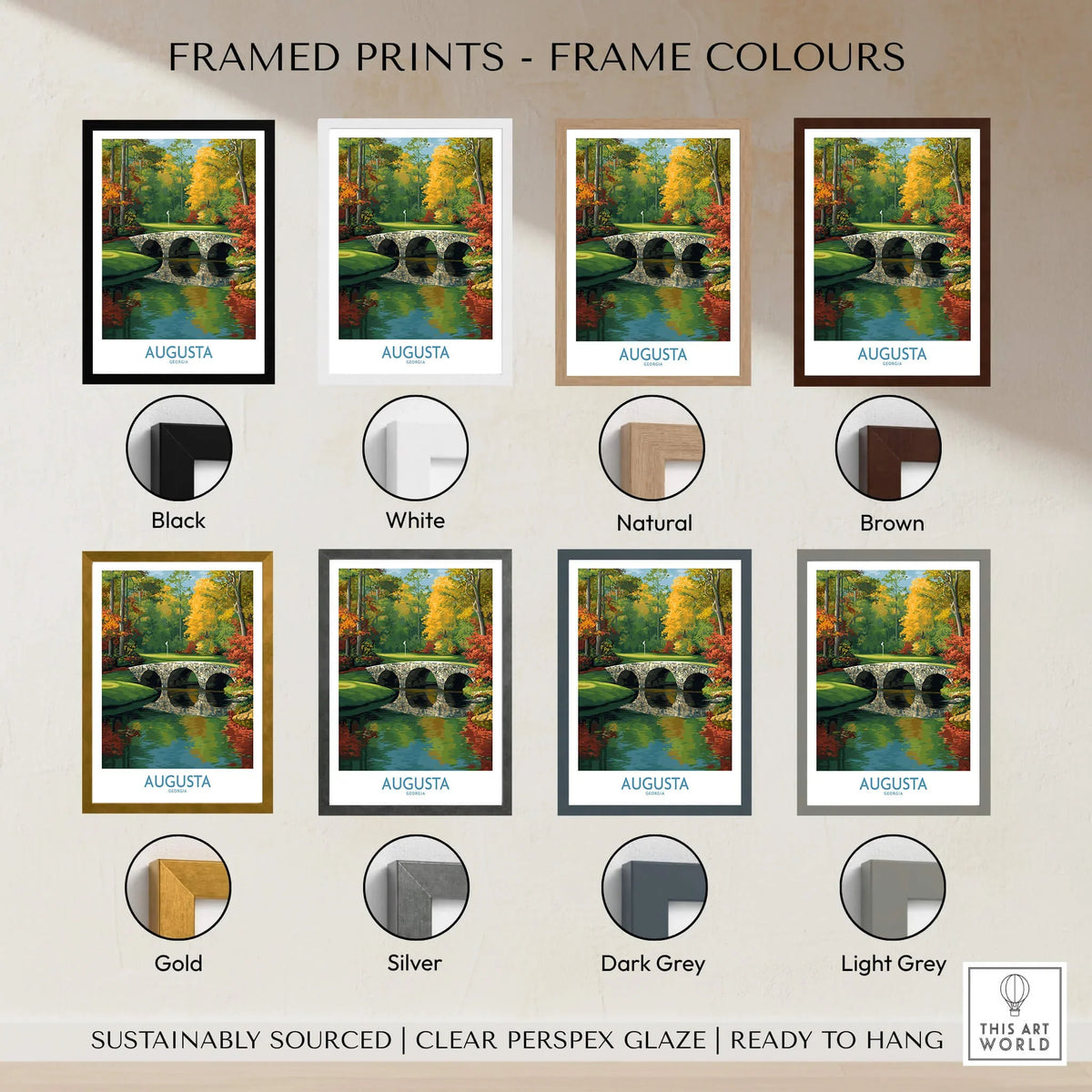 Augusta Georgia Stone Bridge Golf Print - Famous 12th Hole Golf Course Rae's Creek Bridge framed print color options.