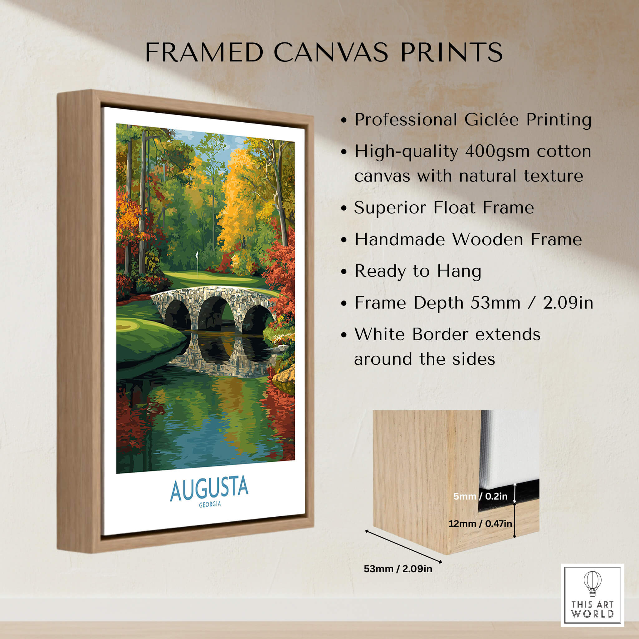 Augusta Georgia Stone Bridge Golf Print - Famous 12th Hole Golf Course Rae's Creek Bridge framed canvas print showcasing giclee quality.