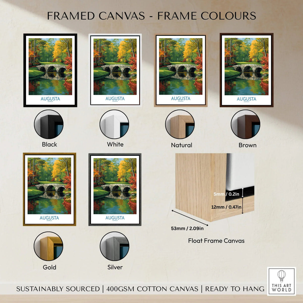 Augusta Georgia Stone Bridge Golf Print - Famous 12th Hole Golf Course Rae's Creek Bridge showcasing frame color options.