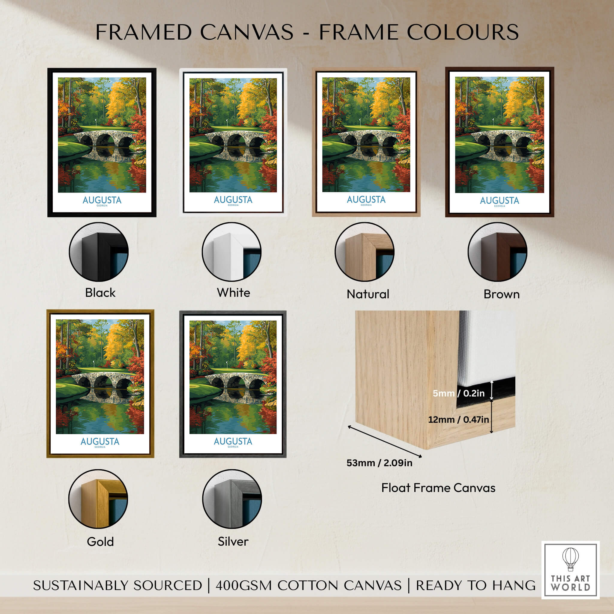 Augusta Georgia Stone Bridge Golf Print - Famous 12th Hole Golf Course Rae's Creek Bridge showcasing frame color options.