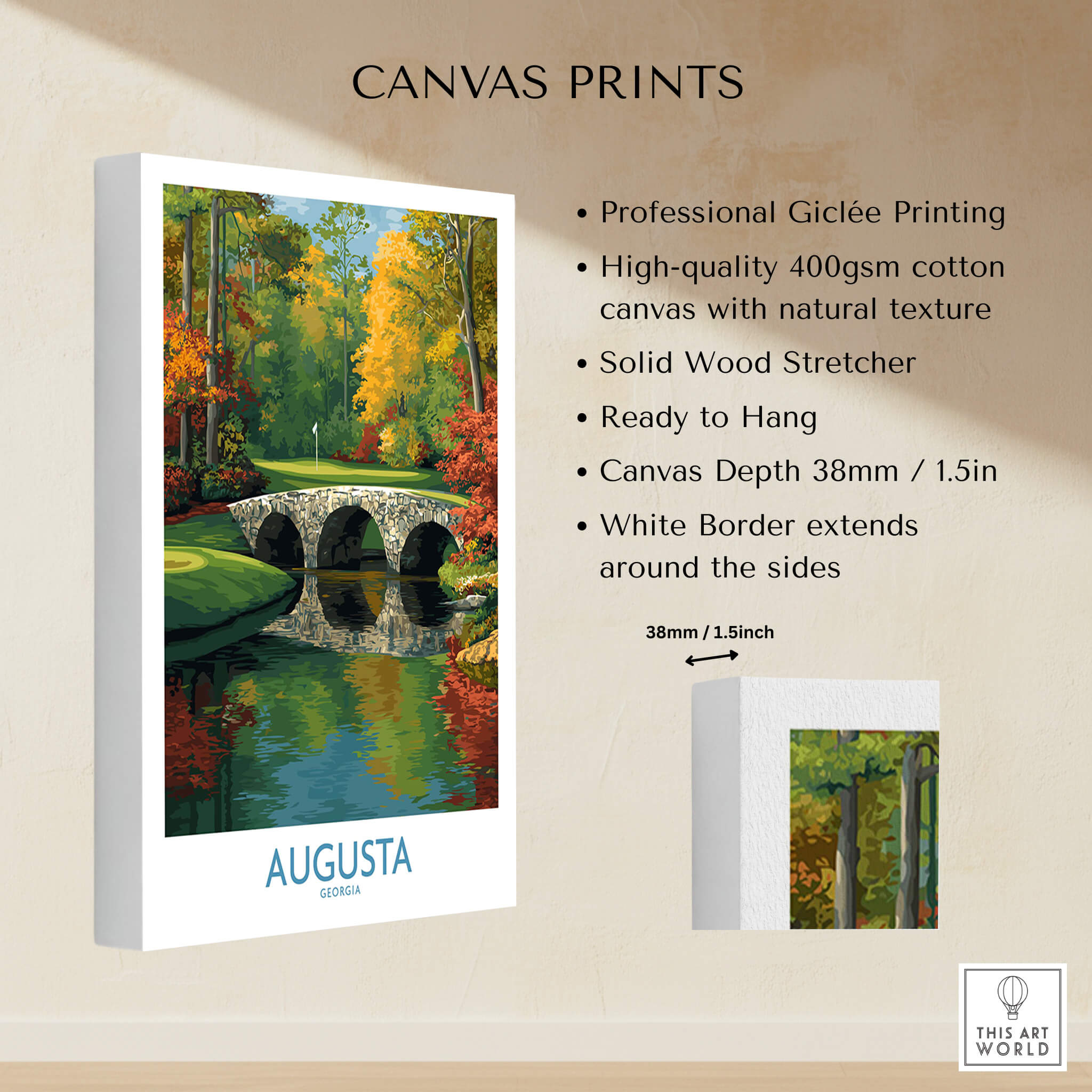 Augusta Georgia Stone Bridge Golf Print - Famous 12th Hole Golf Course Rae's Creek Bridge on canvas with professional giclée printing.