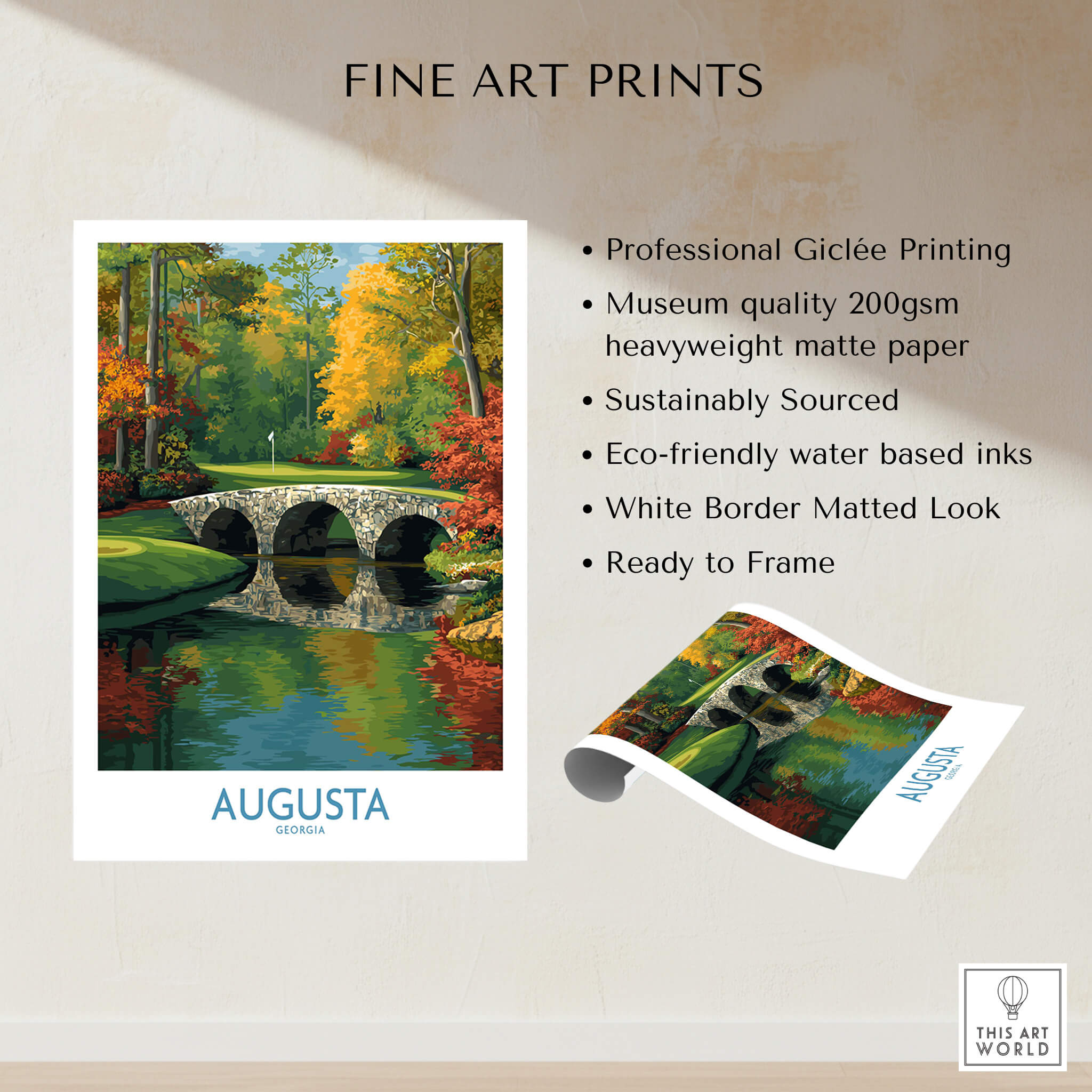 Augusta Georgia Stone Bridge Golf Print - Famous 12th Hole Golf Course Rae's Creek Bridge artwork showcasing scenic bridge view.