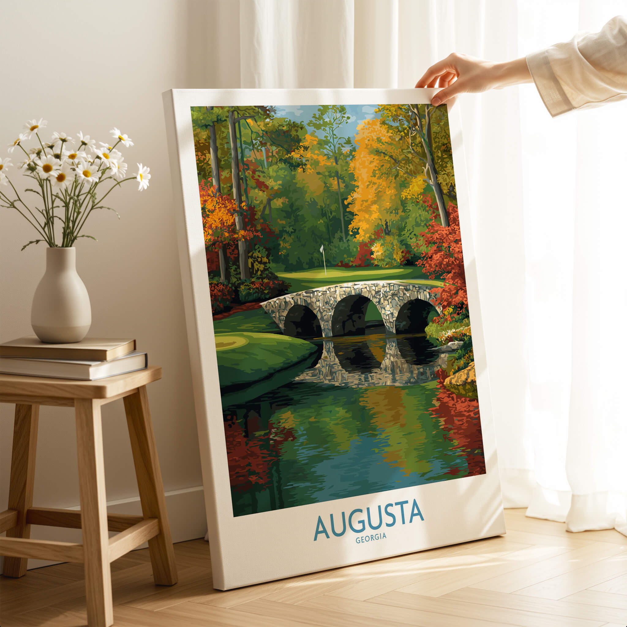 Augusta Georgia Stone Bridge Golf Print - Famous 12th Hole Golf Course Rae's Creek Bridge displayed in a cozy living room.