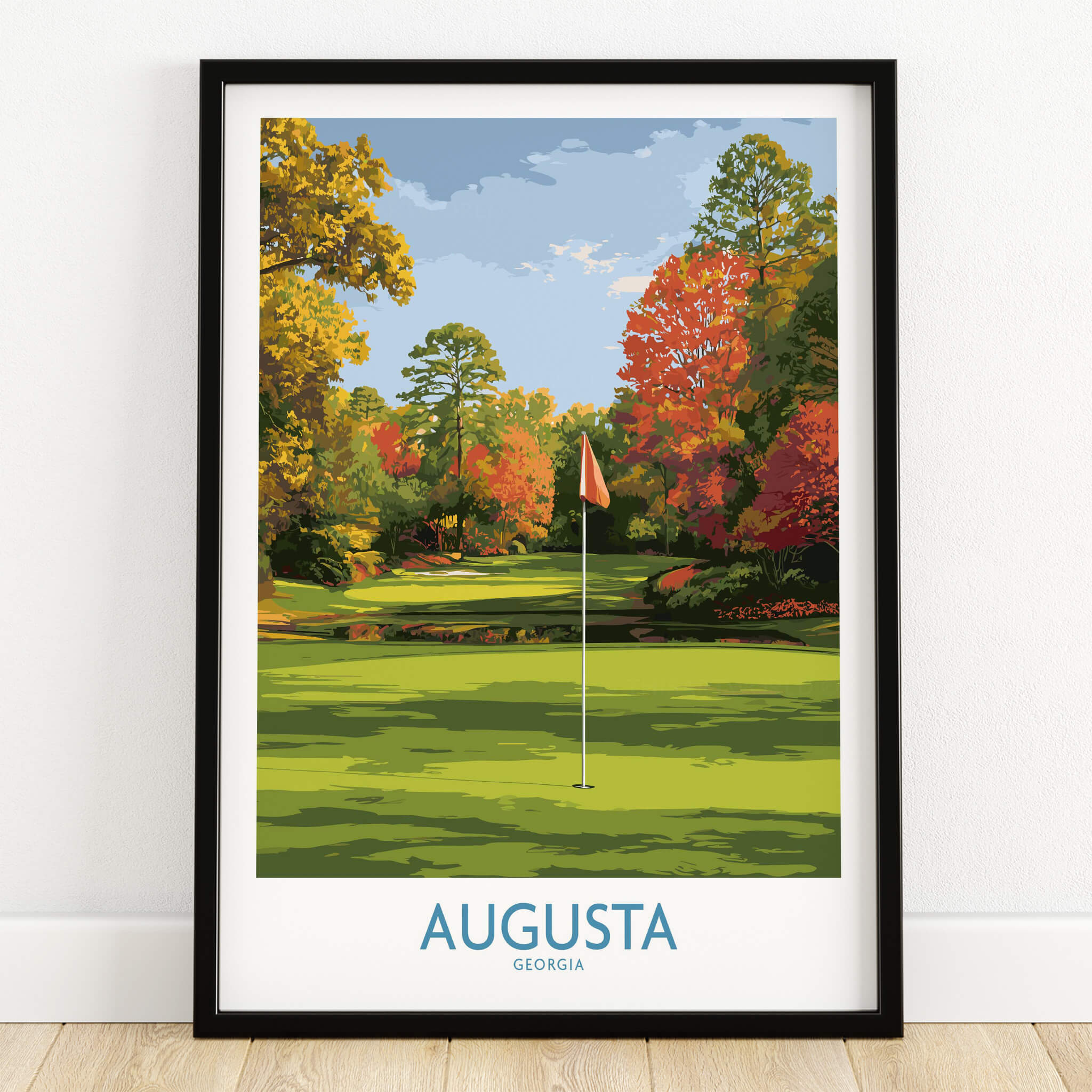 Augusta National Golf Print - Georgia Wall Art featuring a lush golf course with vibrant autumn foliage.