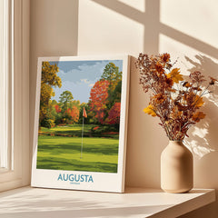 Augusta National Golf Print - Georgia Wall Art showcasing vibrant fall colors and a golf flag.
