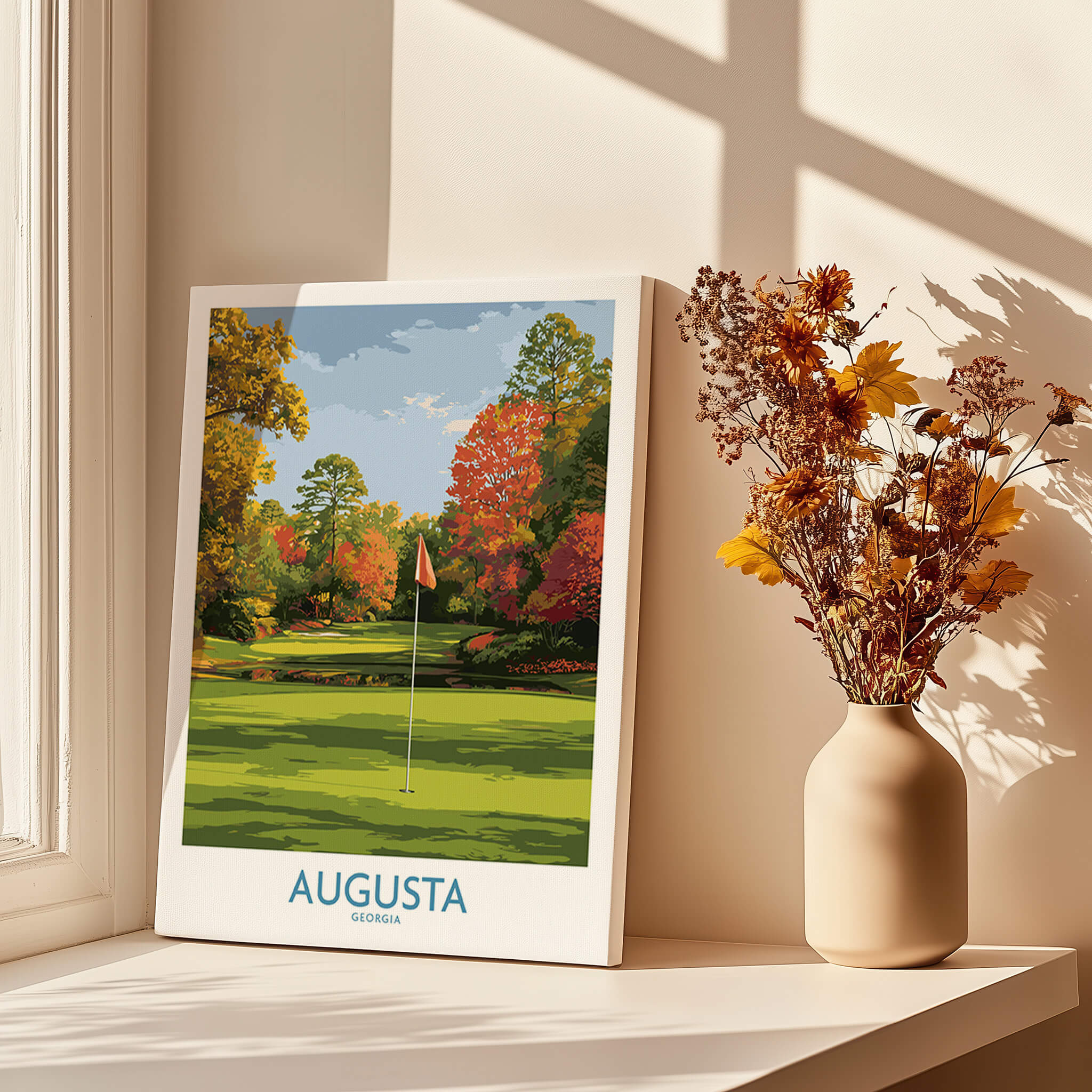 Augusta National Golf Print - Georgia Wall Art showcasing vibrant fall colors and a golf flag.