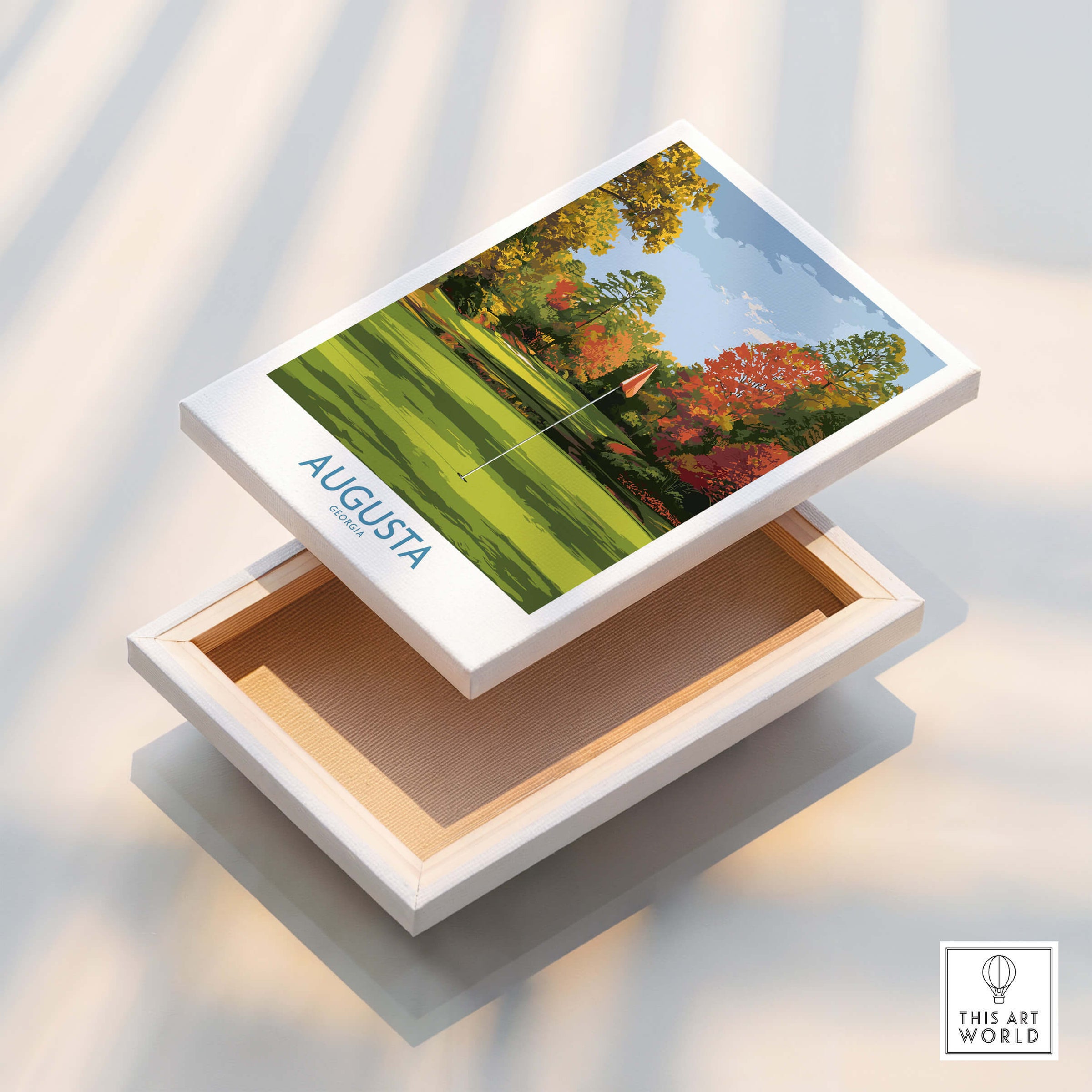 Augusta National Golf Print - Georgia Wall Art displayed on a decorative wooden box showcasing stunning golf course imagery.