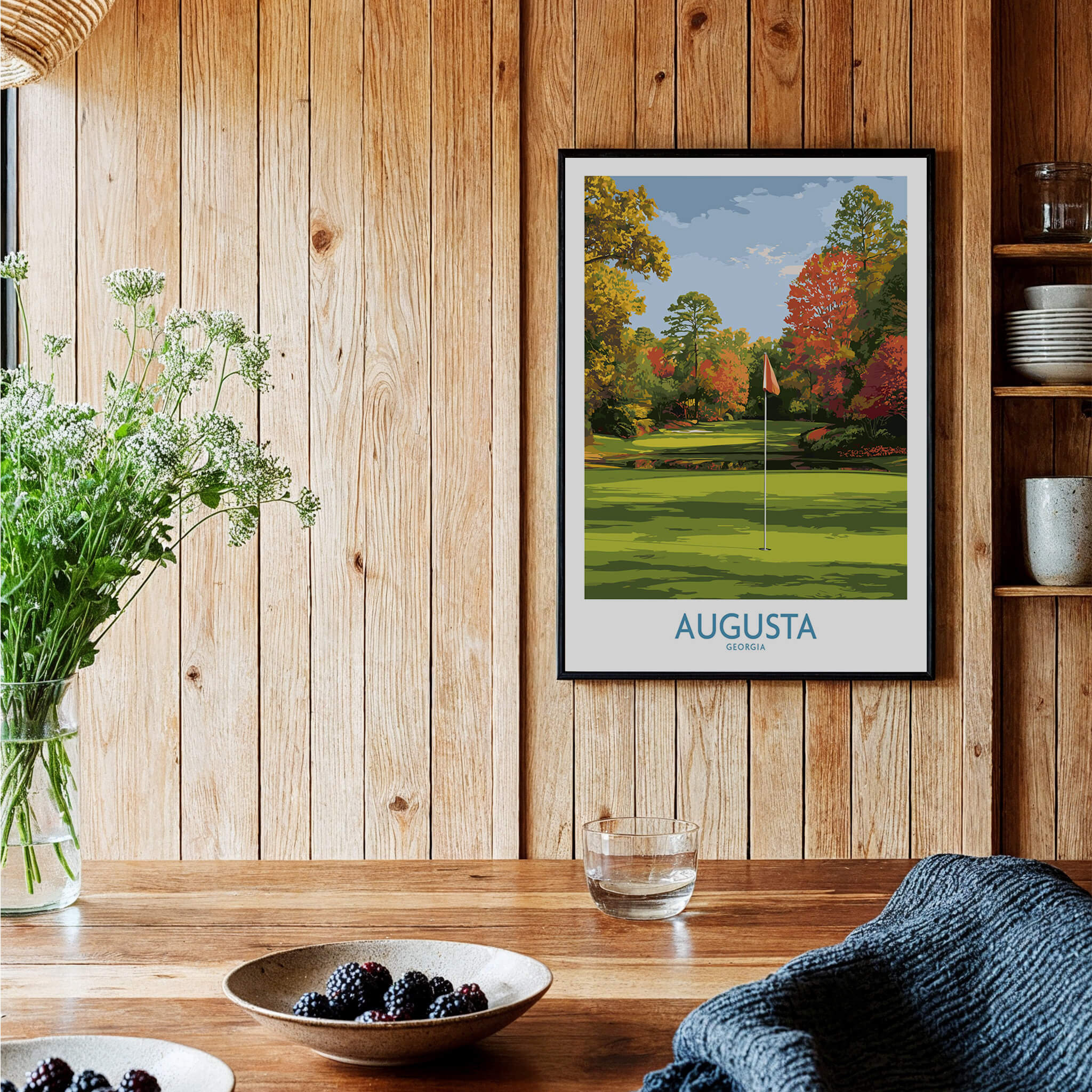 Augusta National Golf Print - Georgia Wall Art showcased in a cozy interior with wooden accents and fresh flowers.