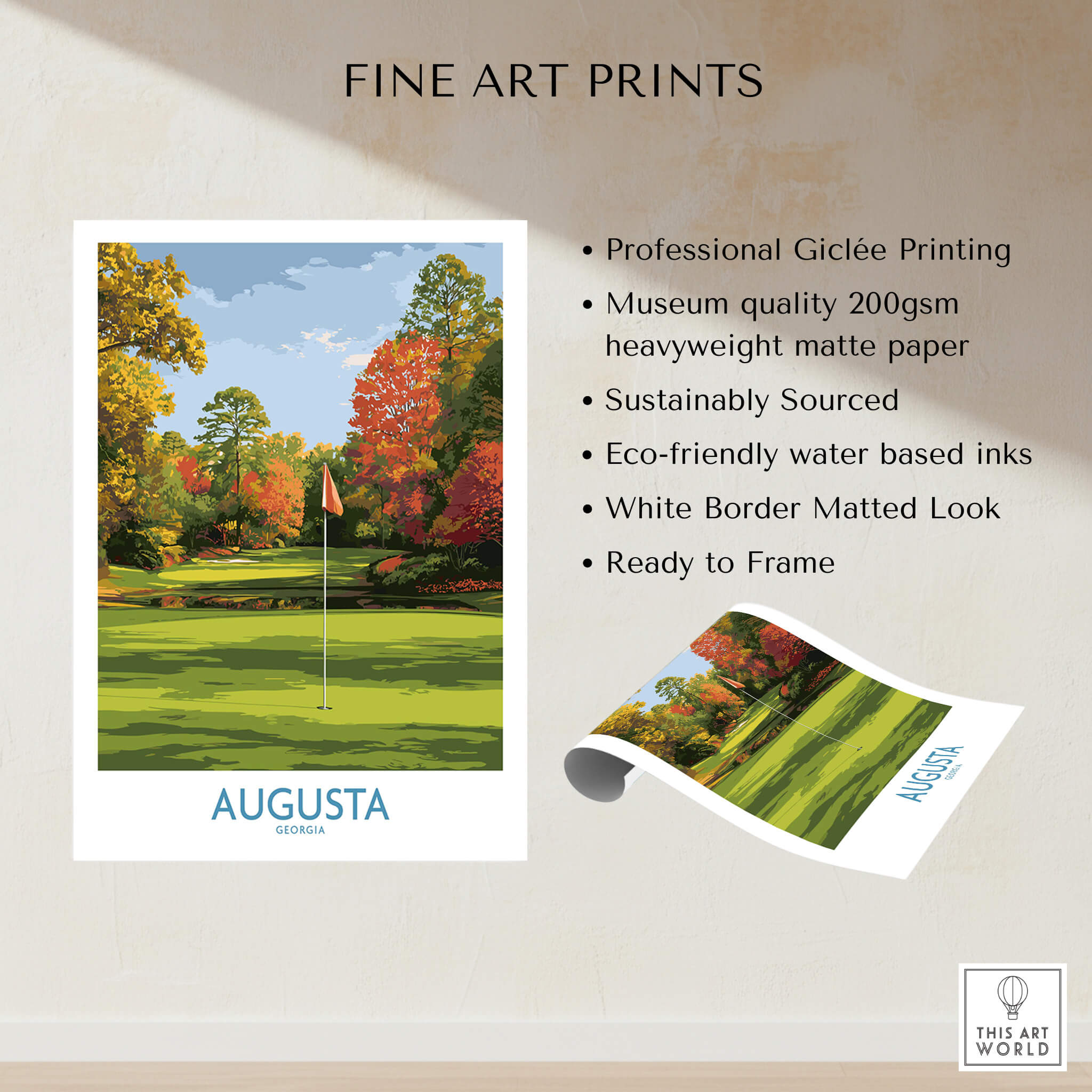 Augusta National Golf Print - Georgia Wall Art featuring vibrant colors of a golf course with iconic elements.