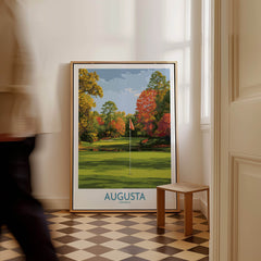 Augusta National Golf Print - Georgia Wall Art showcasing a vibrant golf course scene in a stylish interior setting.