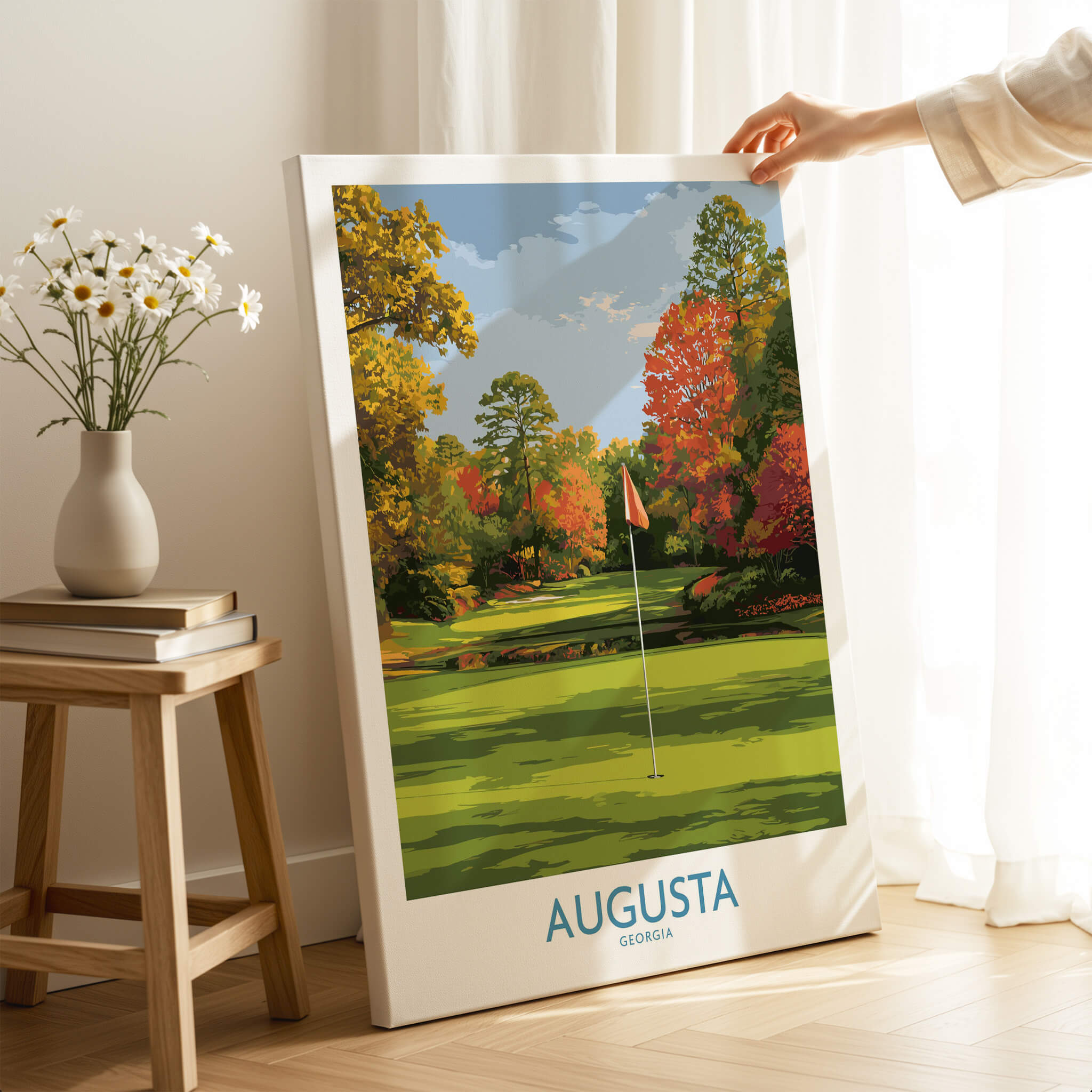 Augusta National Golf Print - Georgia Wall Art showcasing a stunning golf course with vibrant autumn foliage.