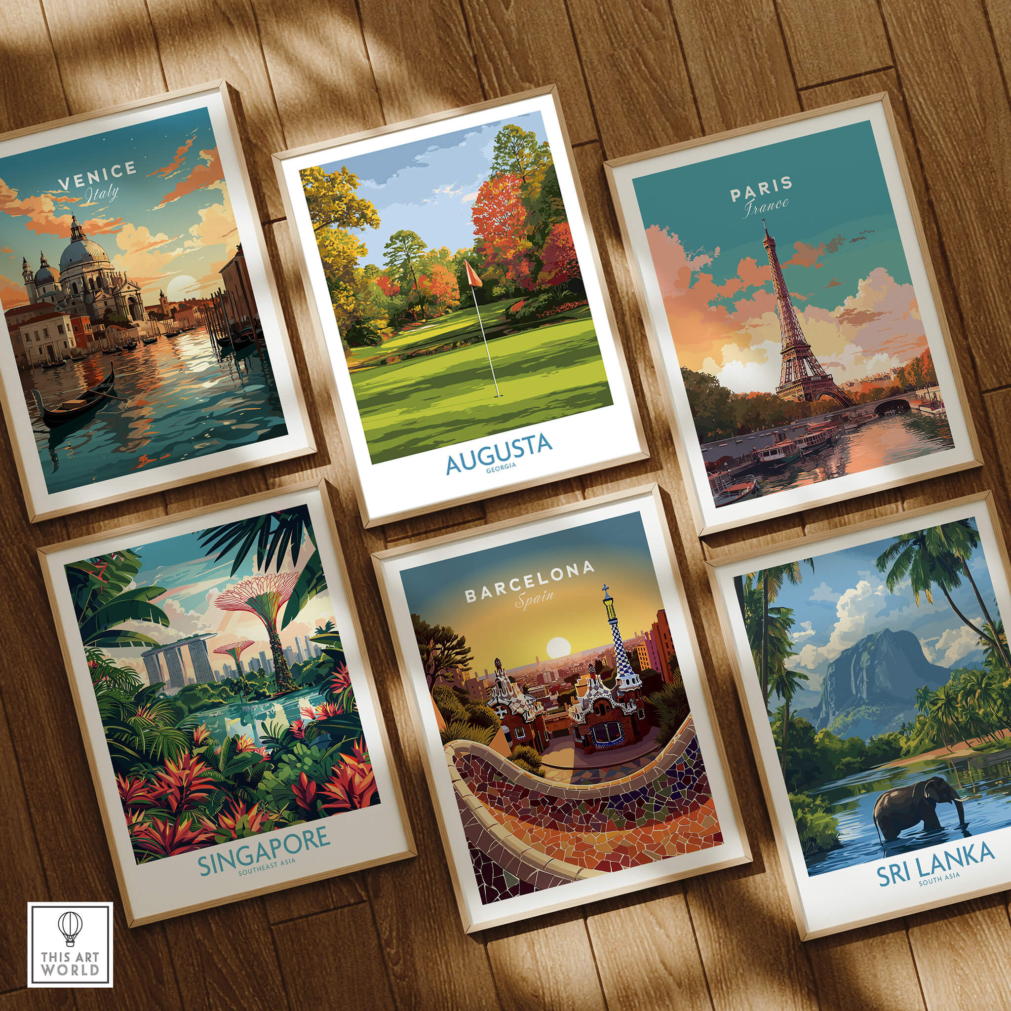 Augusta National Golf Print - Georgia Wall Art featuring colorful travel posters including Venice, Paris, Singapore, and Barcelona.