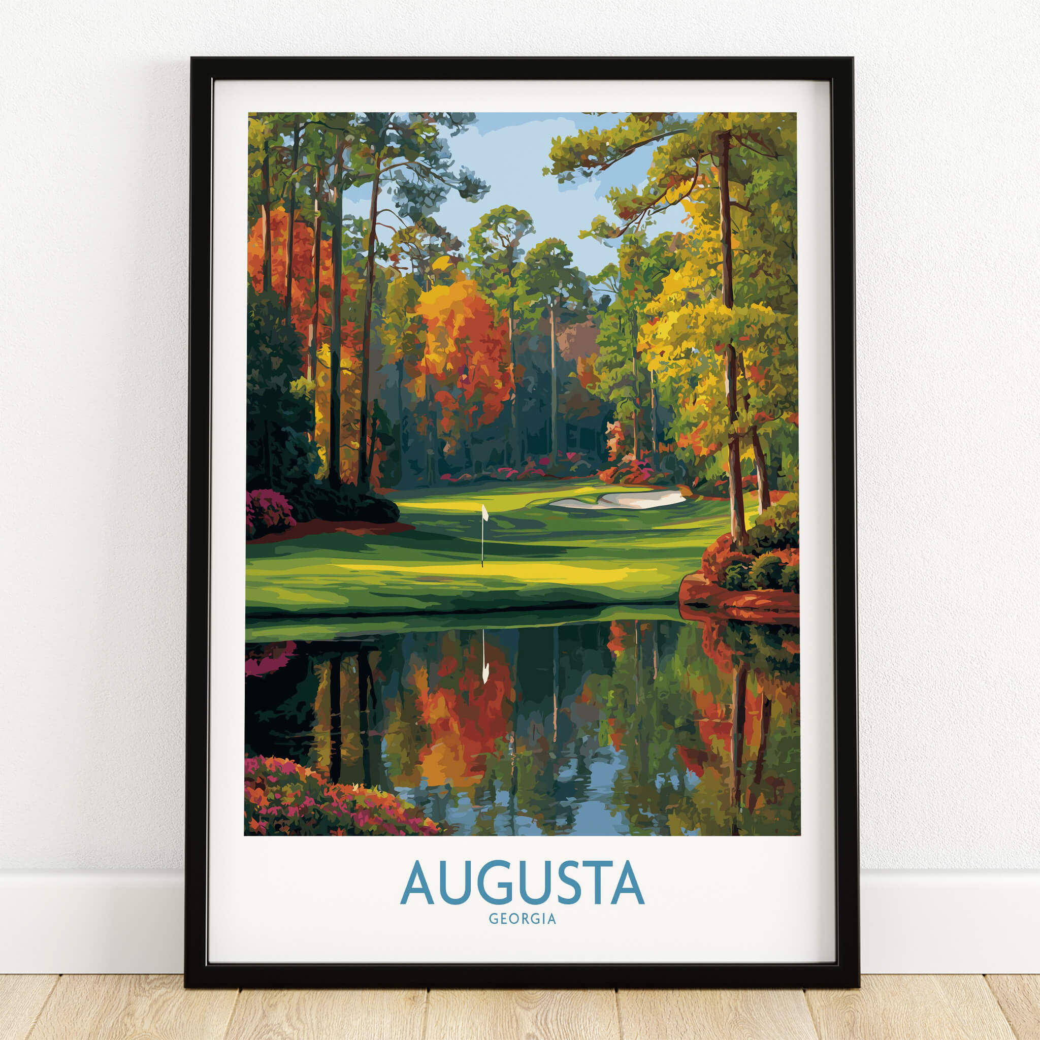 Augusta The Masters Golf Wall Art Print showcasing a vibrant golf course scene in Georgia.