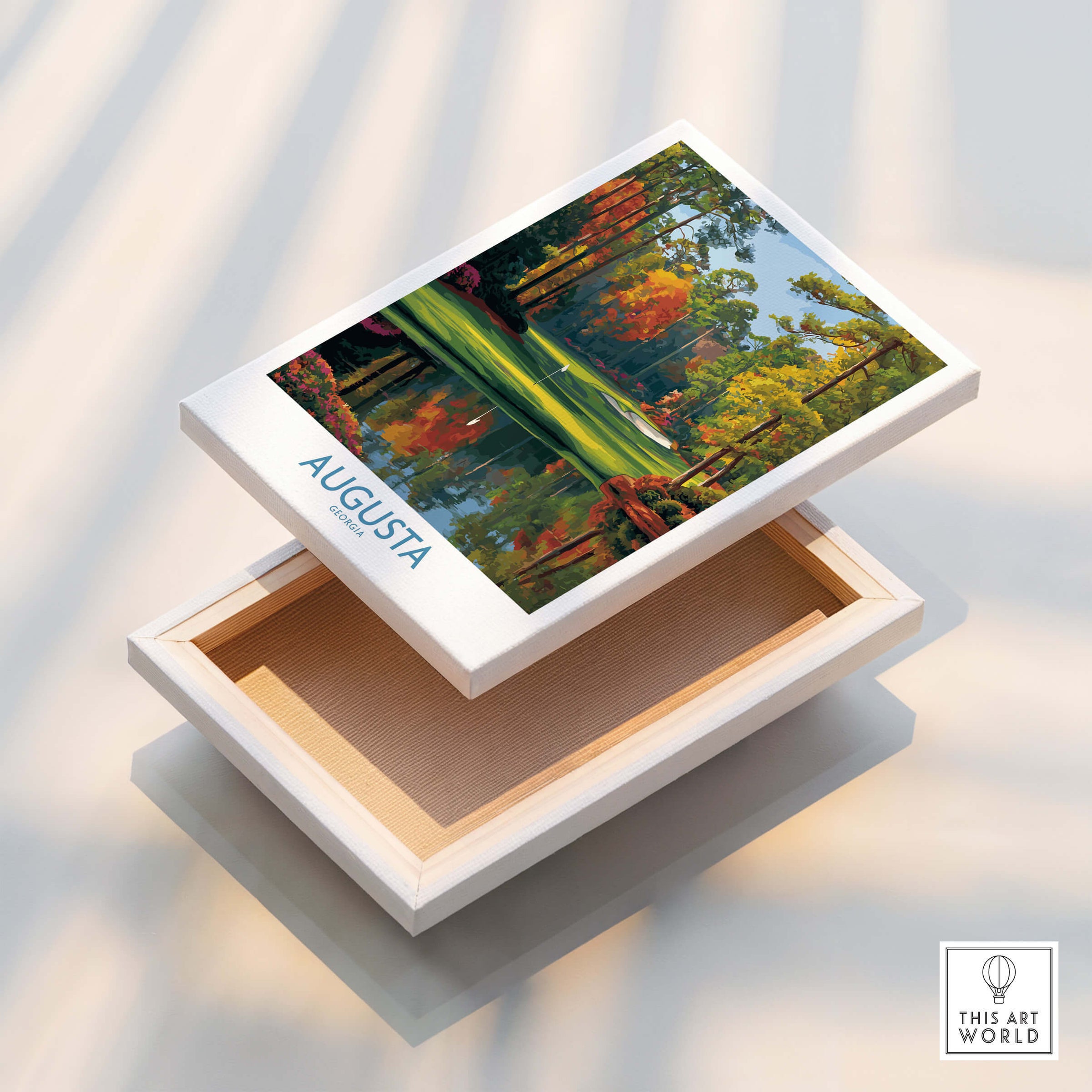 Augusta The Masters Golf Wall Art Print displayed on a white box showing lush green landscape and trees.
