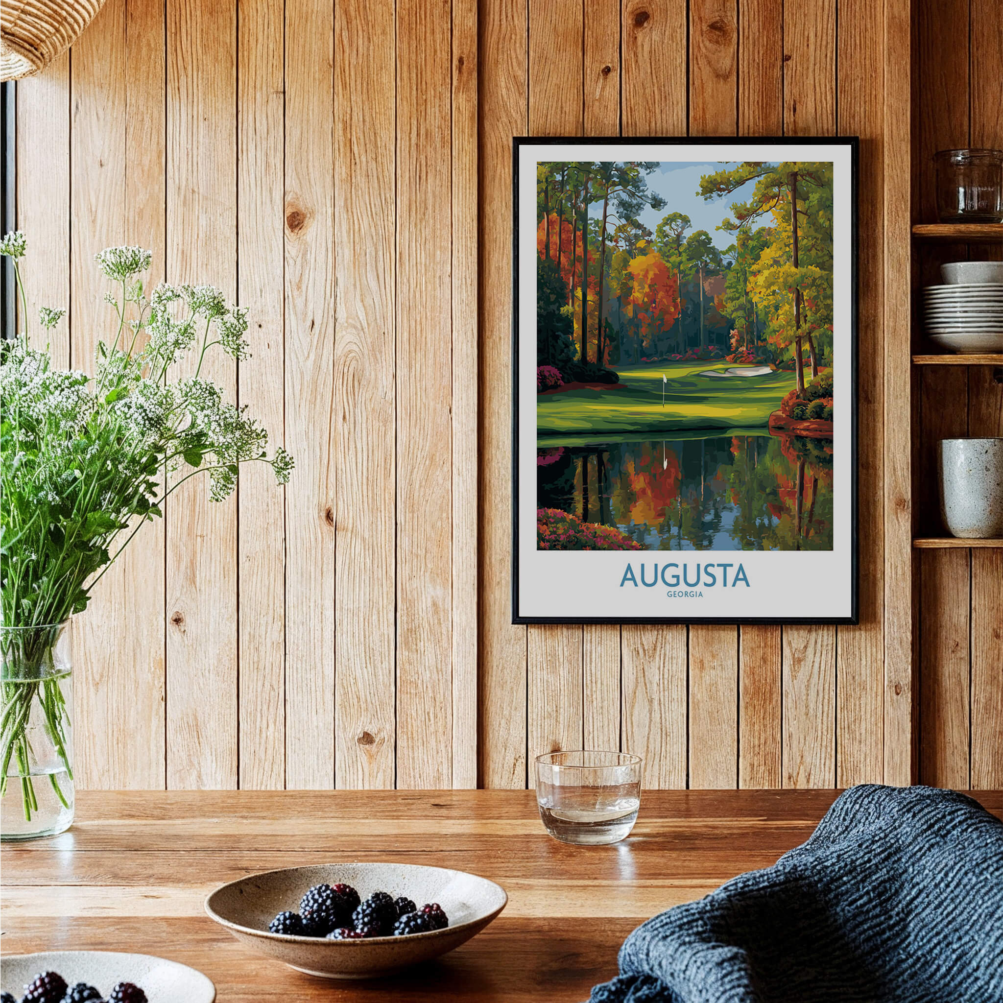 Augusta The Masters Golf Wall Art Print displayed in a wooden room with plants and decor.