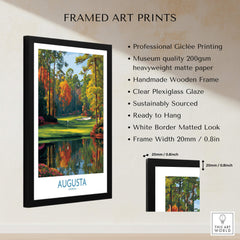 Augusta The Masters Golf Wall Art Print framed in a black wooden frame with clear plexiglass, showcasing vibrant golf scenery.