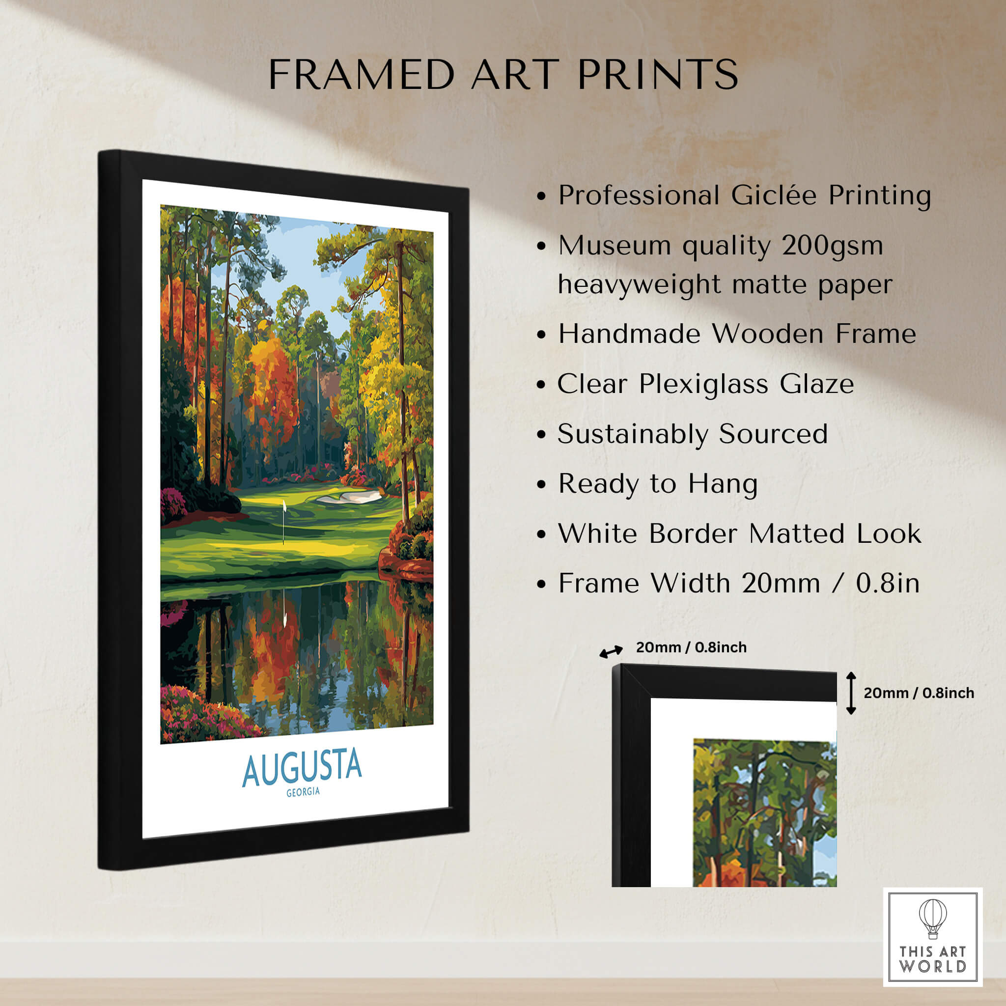 Augusta The Masters Golf Wall Art Print framed in a black wooden frame with clear plexiglass, showcasing vibrant golf scenery.