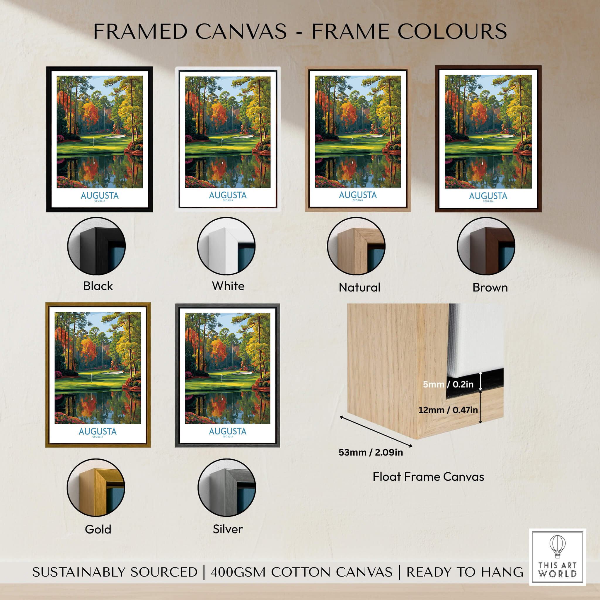 Framed options for Augusta The Masters Golf Wall Art Print showcasing various colors and styles.