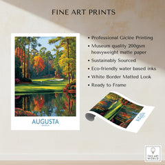 Augusta The Masters Golf Wall Art Print showcasing vibrant greens and serene reflections, perfect for golf enthusiasts.