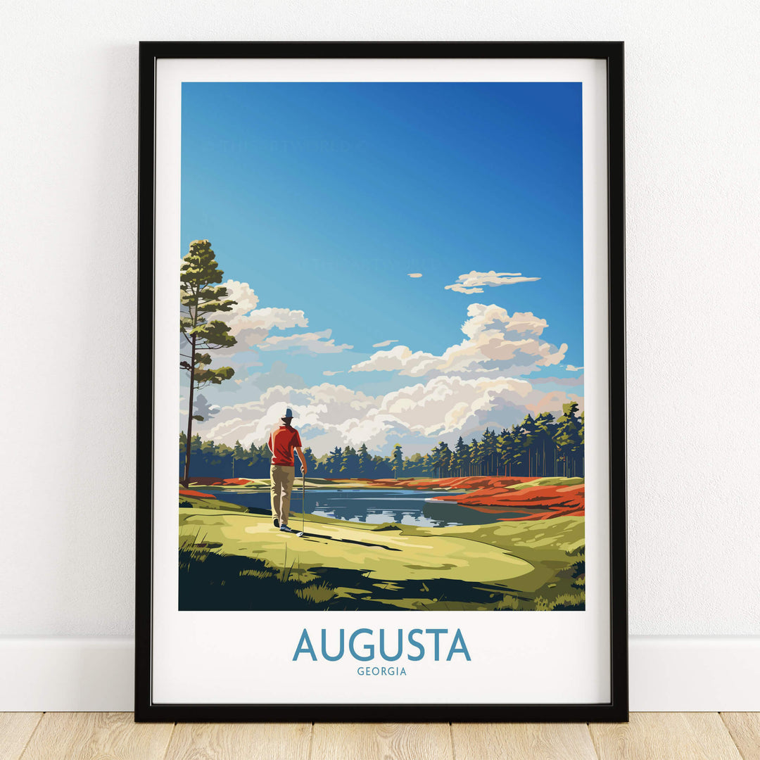 Augusta National Print - The Masters Golf Poster showcasing a golfer by a serene lake with vibrant landscape.