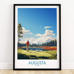 Augusta National Print - The Masters Golf Poster showcasing a golfer by a serene lake with vibrant landscape.