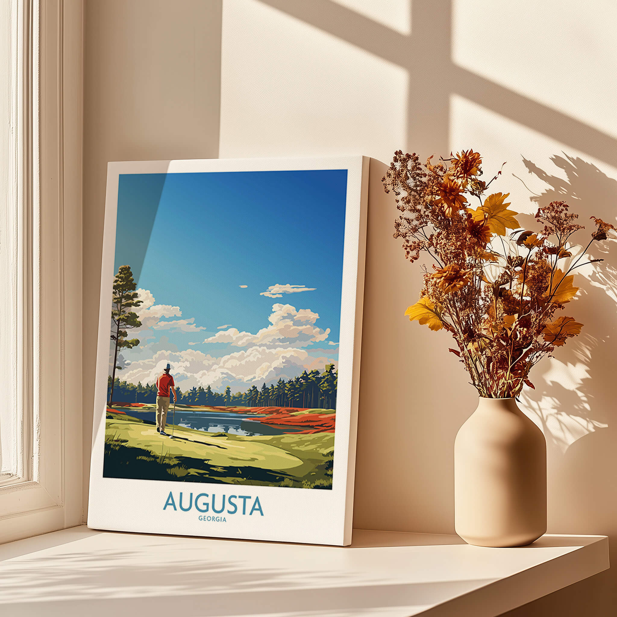 Augusta National Print - The Masters Golf Poster showcasing a golfer by the iconic course in vibrant colors.