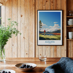 Augusta National Print - The Masters Golf Poster hanging in a cozy interior with rustic decor