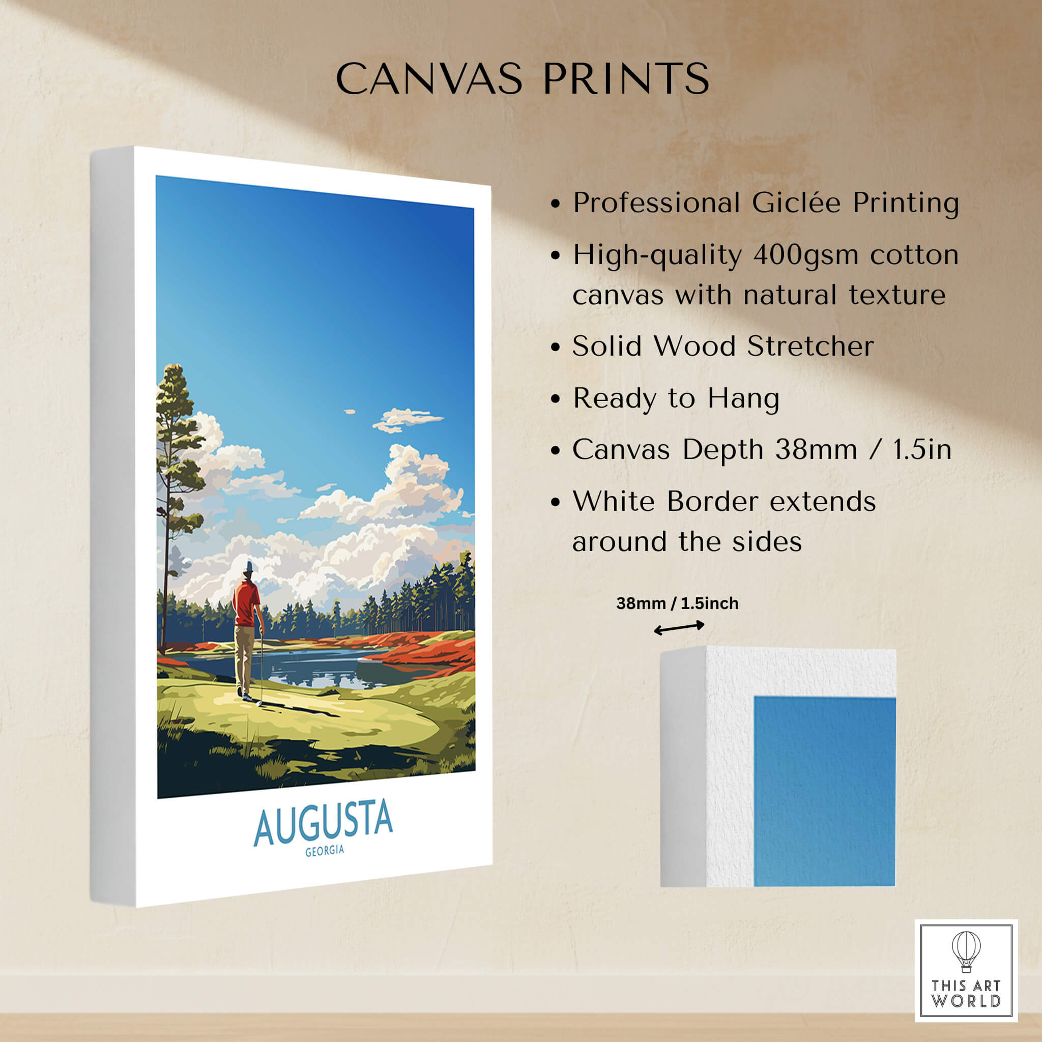 Augusta National Print - The Masters Golf Poster showcasing a Giclée printed canvas with a scenic Augusta landscape.