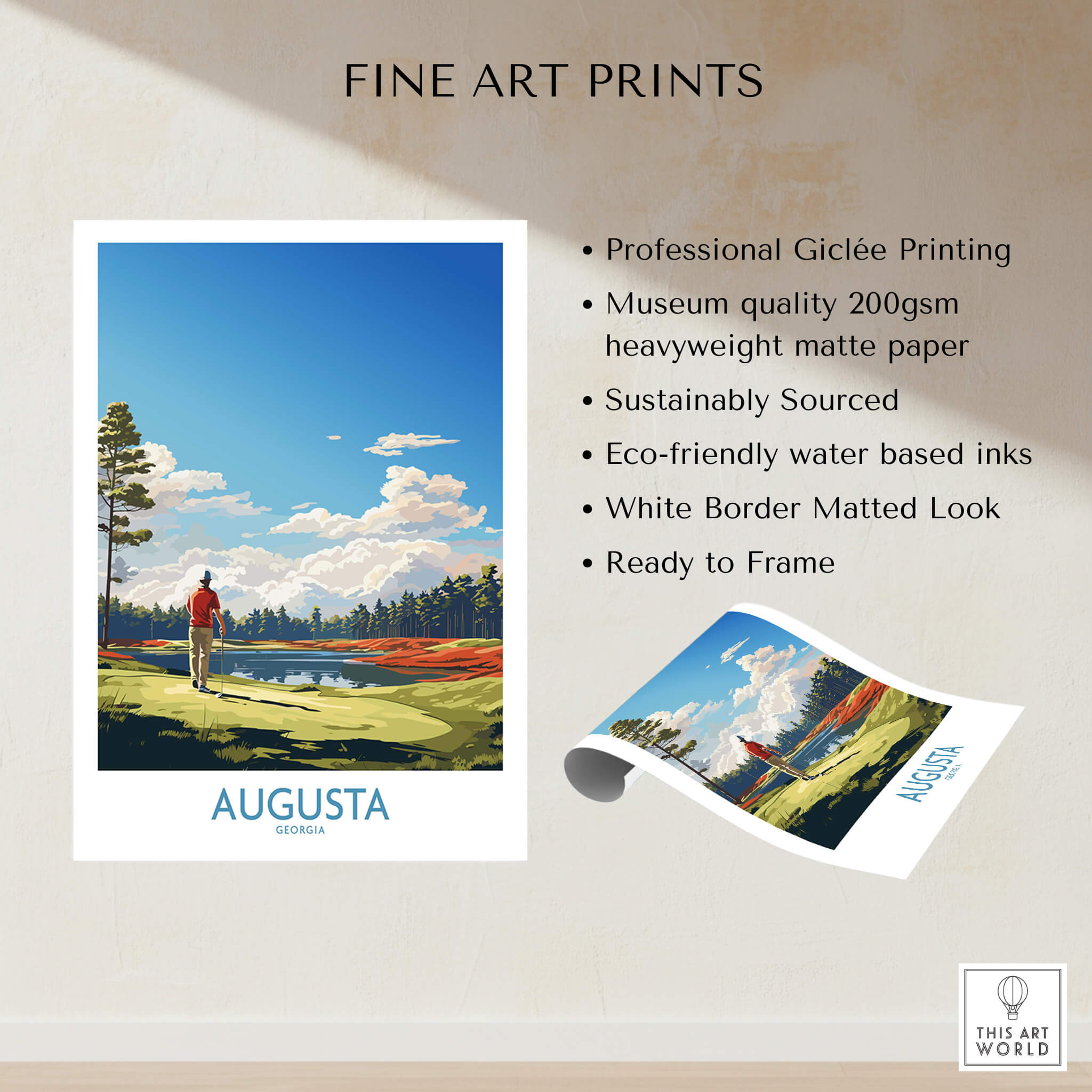 Augusta National Print - The Masters Golf Poster showcasing professional Giclée printing and sustainable features.