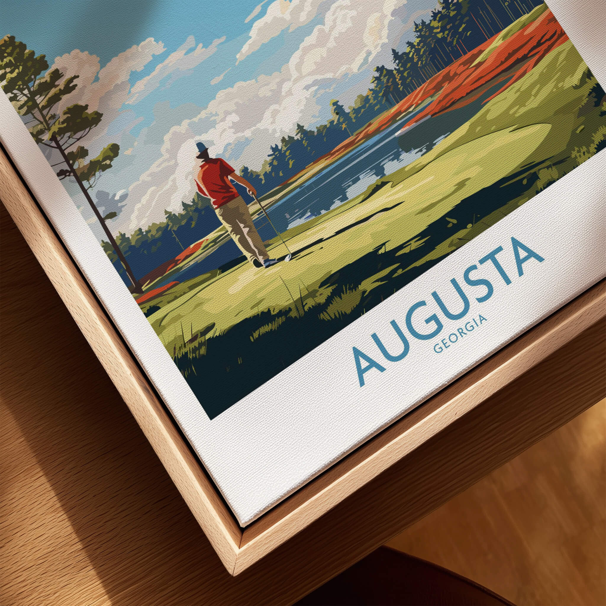 Augusta National Print - The Masters Golf Poster showcasing a golfer at a picturesque landscape in Augusta, Georgia.