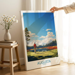 Augusta National Print - The Masters Golf Poster showcasing a golfer at Augusta in vibrant colors.