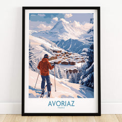 Avoriaz France Ski Chalet Village Art Print | Alpine Skiing Poster showcasing a skier overlooking a picturesque alpine scene.