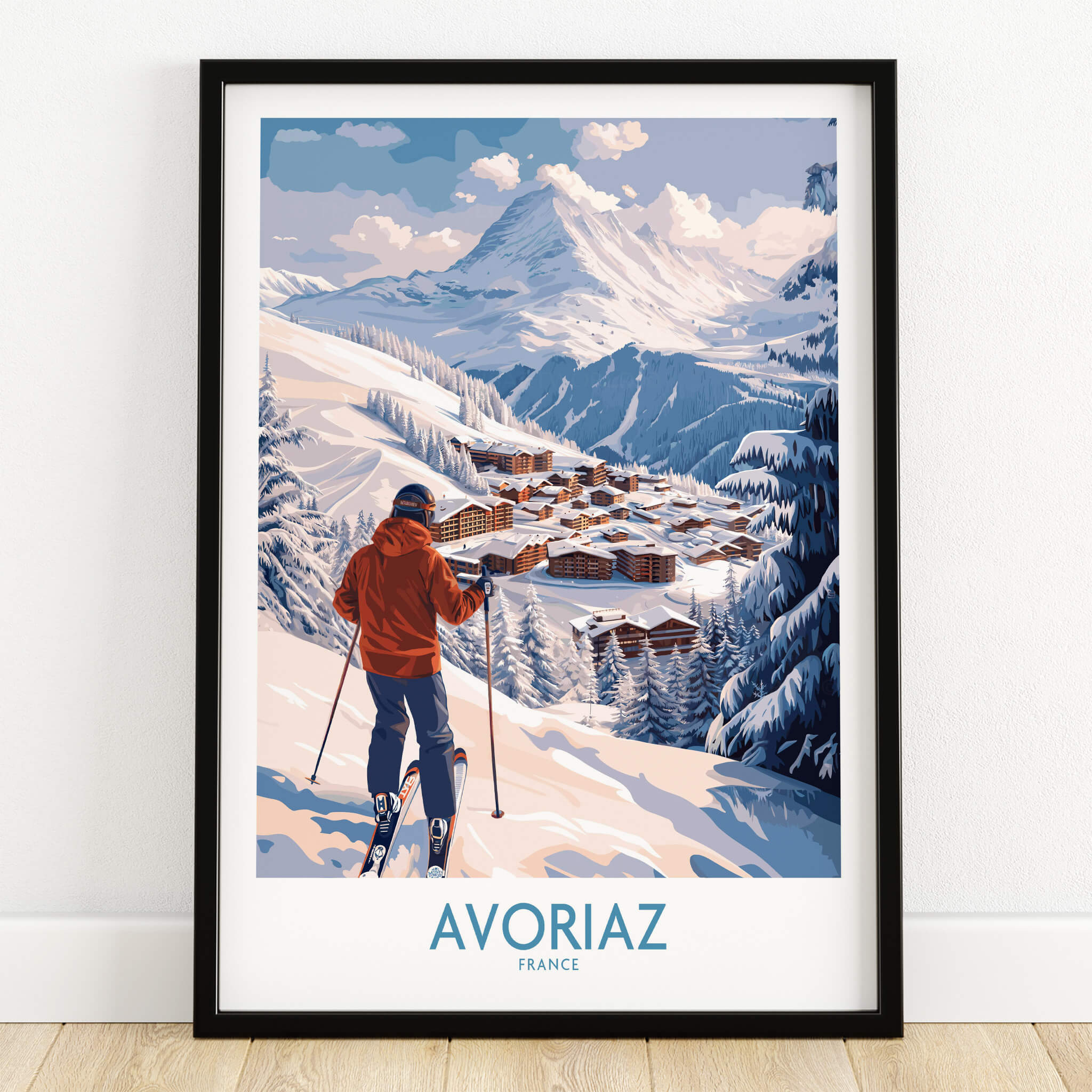 Avoriaz France Ski Chalet Village Art Print | Alpine Skiing Poster showcasing a skier overlooking a picturesque alpine scene.