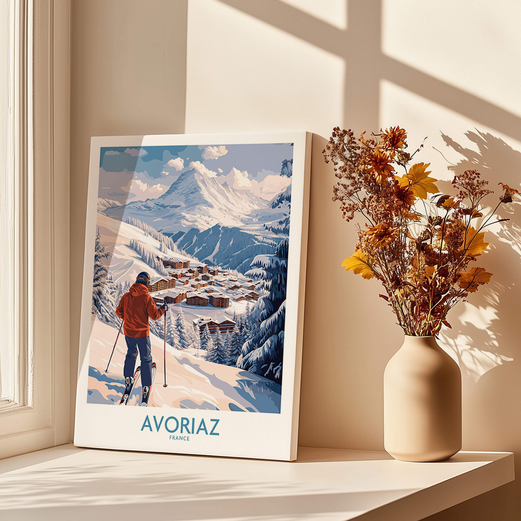Avoriaz France Ski Chalet Village Art Print | Alpine Skiing Poster featuring a skier overlooking a snowy mountain scene.