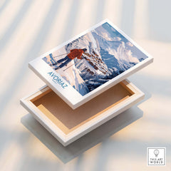 Avoriaz France Ski Chalet Village Art Print | Alpine Skiing Poster on a wooden box, showcasing a winter scene.