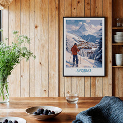Avoriaz France Ski Chalet Village Art Print | Alpine Skiing Poster showcased in a cozy interior with wooden decor.