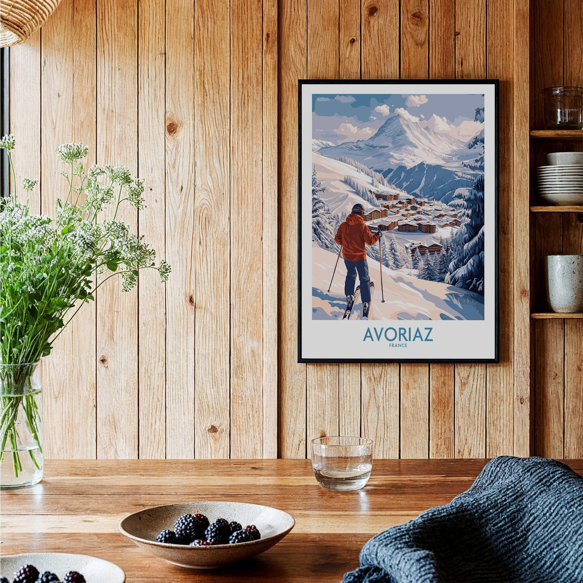 Avoriaz France Ski Chalet Village Art Print | Alpine Skiing Poster showcased in a cozy interior with wooden decor.