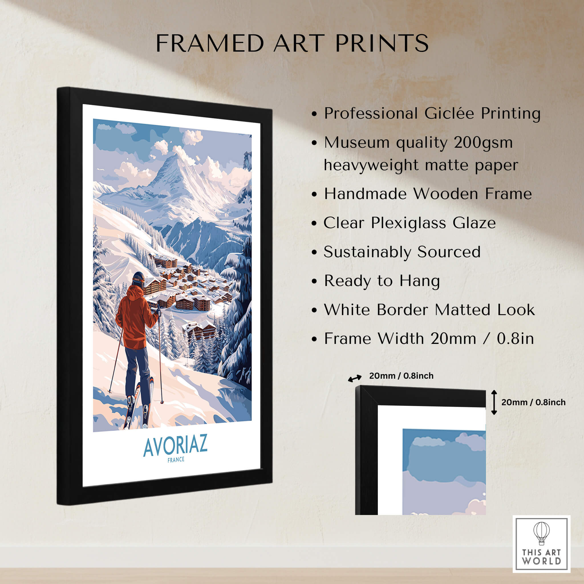 Avoriaz France Ski Chalet Village Art Print | Alpine Skiing Poster framed with professional giclée printing and clear plexiglass glaze.