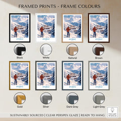 Avoriaz France Ski Chalet Village Art Print | Alpine Skiing Poster framed print options available in various colors.