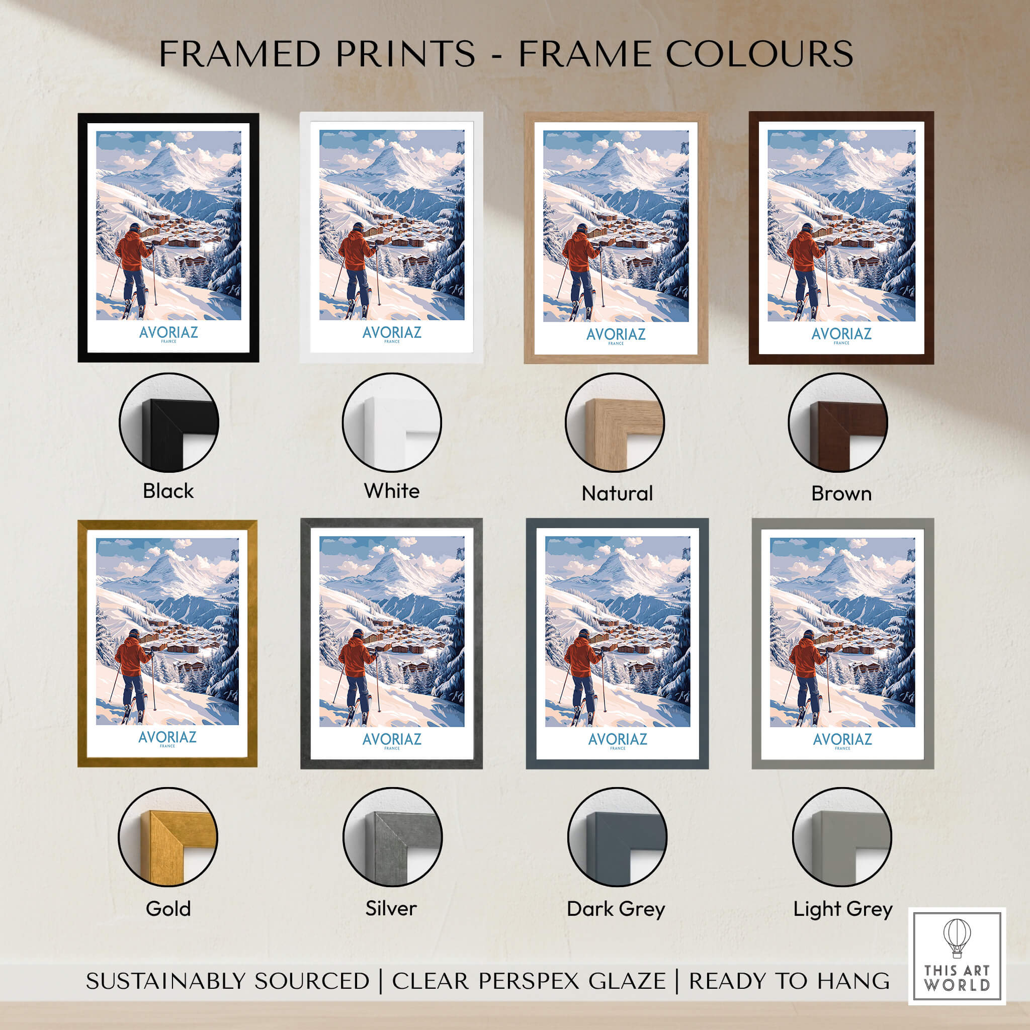 Avoriaz France Ski Chalet Village Art Print | Alpine Skiing Poster framed print options available in various colors.