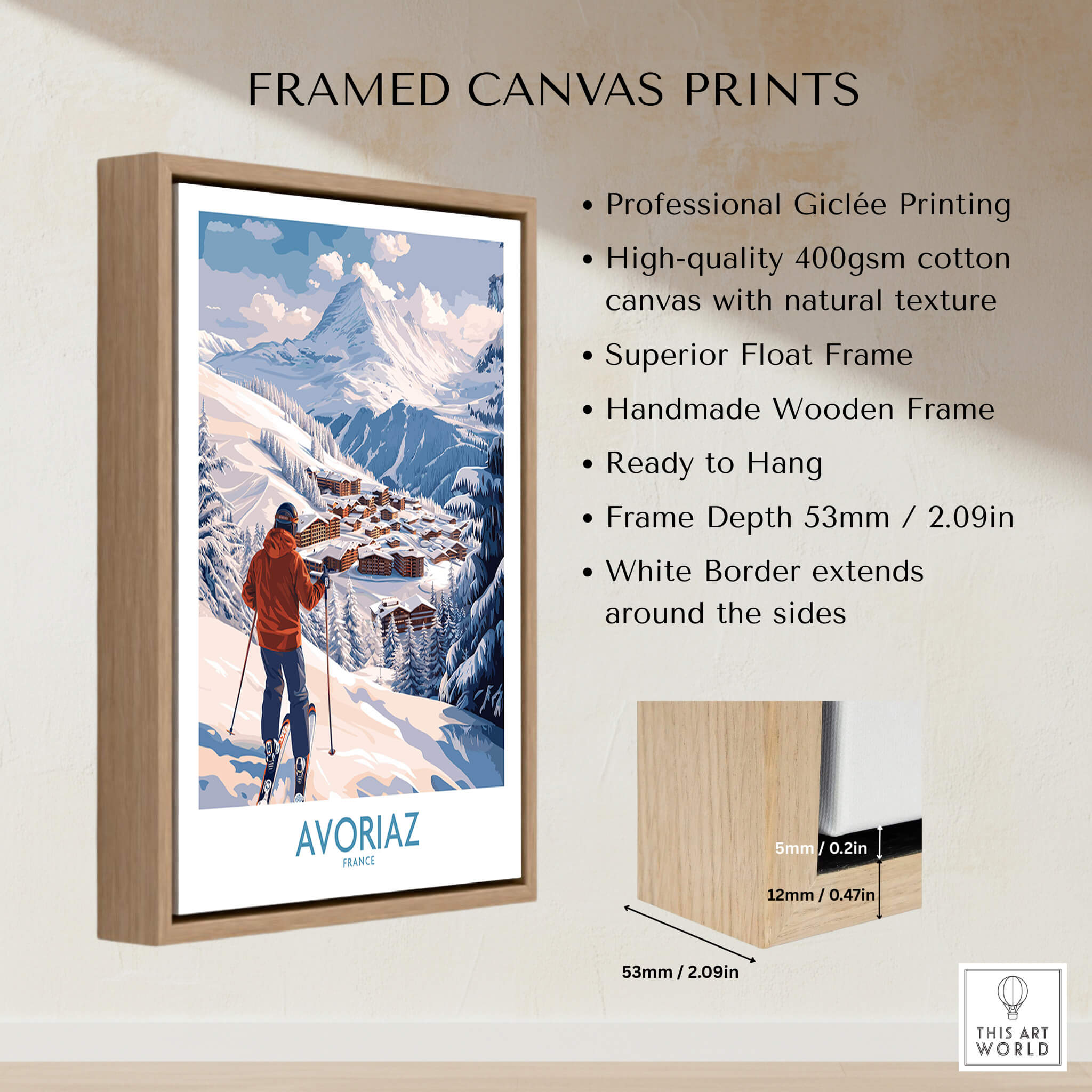 Avoriaz France Ski Chalet Village Art Print | Alpine Skiing Poster framed canvas print showcasing alpine scenery.