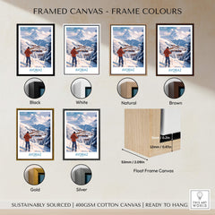 Framed Avoriaz France Ski Chalet Village Art Print | Alpine Skiing Poster in various frame colors options.